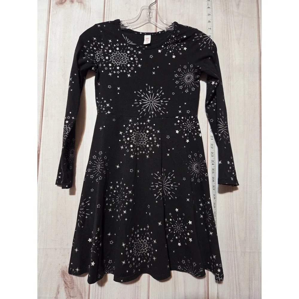 Justice‎ Girls Black Firework Star Print Long Sleeve A-Line Dress Size 12